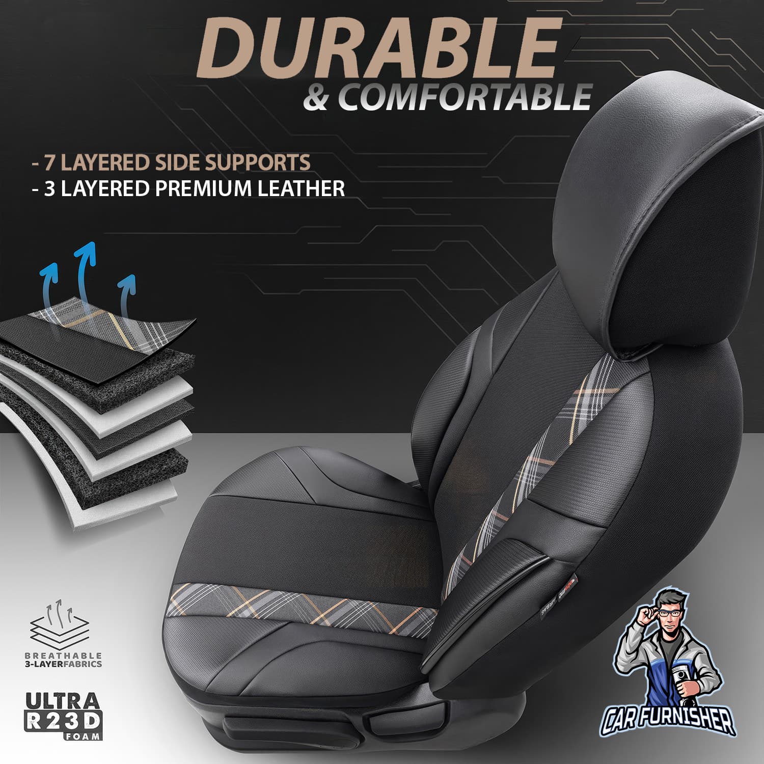 Car Seat Cover Set - Horizon Design Dark Beige 5 Seats + Headrests (Full Set) Leather & Jacquard Fabric