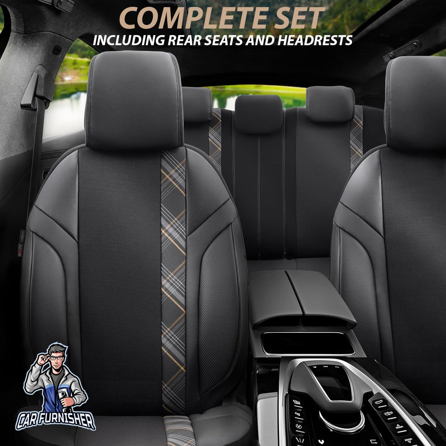 Mercedes 190 Seat Covers Horizon Design Dark Beige 5 Seats + Headrests (Full Set) Leather & Jacquard Fabric