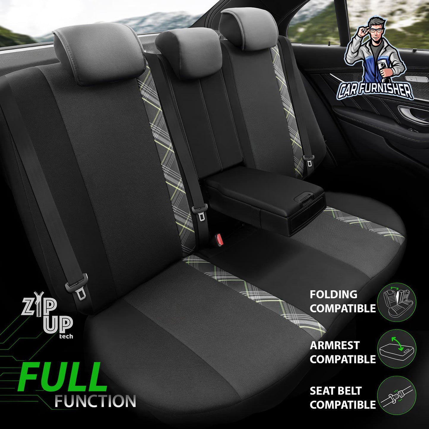 Car Seat Cover Set - Horizon Design Green 5 Seats + Headrests (Full Set) Leather & Jacquard Fabric