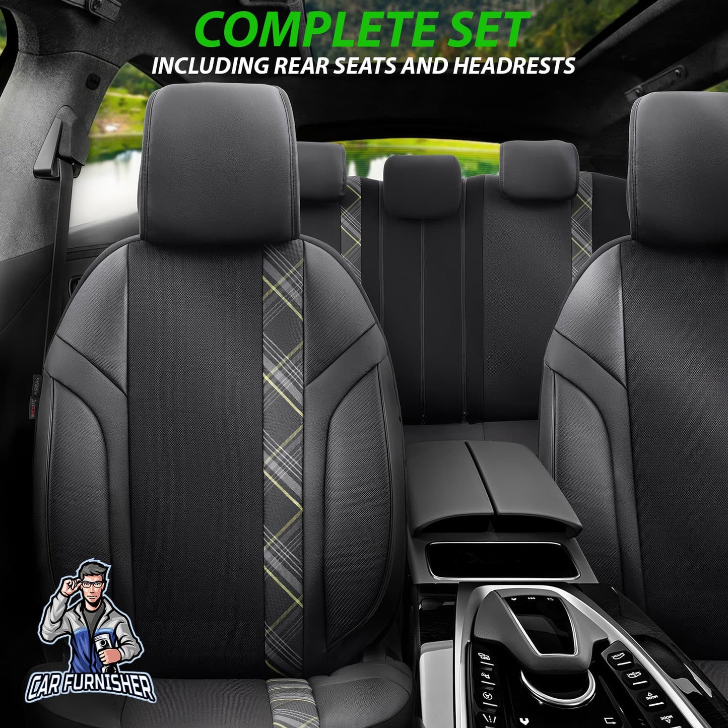 Mercedes 190 Seat Covers Horizon Design Green 5 Seats + Headrests (Full Set) Leather & Jacquard Fabric