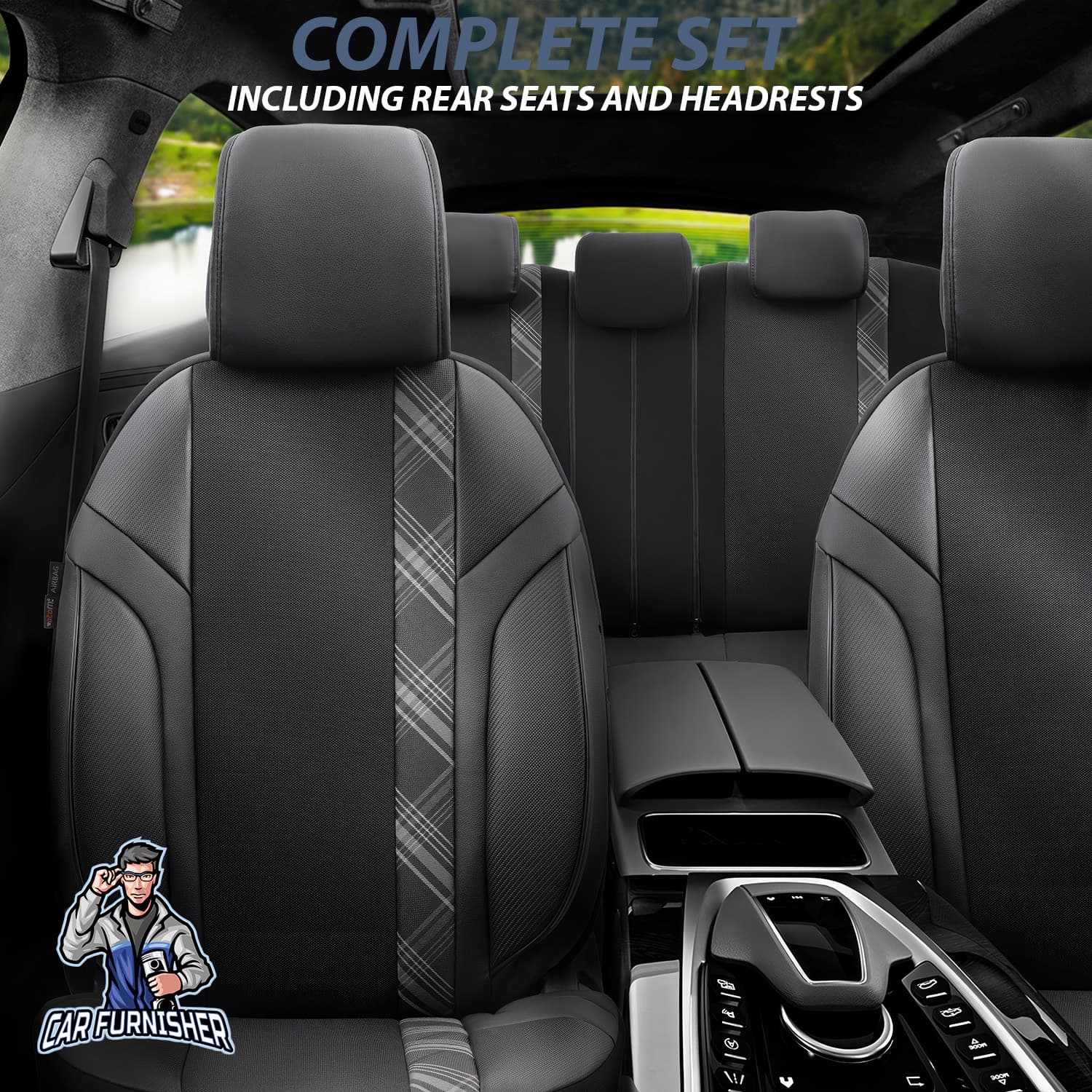 Car Seat Cover Set - Horizon Design Gray 5 Seats + Headrests (Full Set) Leather & Jacquard Fabric