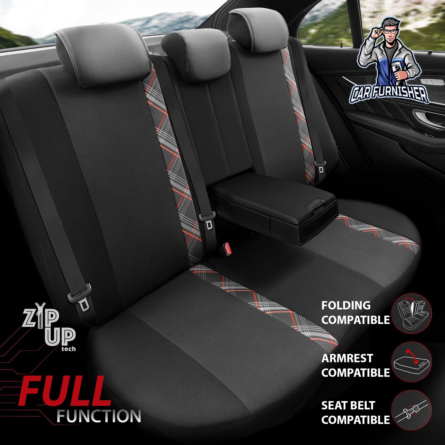 Car Seat Cover Set - Horizon Design Red 5 Seats + Headrests (Full Set) Leather & Jacquard Fabric