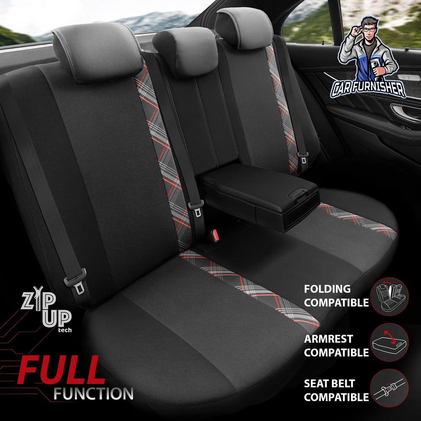 Mercedes 190 Seat Covers Horizon Design Red 5 Seats + Headrests (Full Set) Leather & Jacquard Fabric