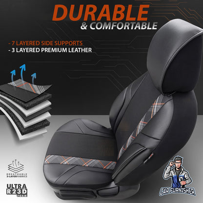 Car Seat Cover Set - Horizon Design Orange 5 Seats + Headrests (Full Set) Leather & Jacquard Fabric