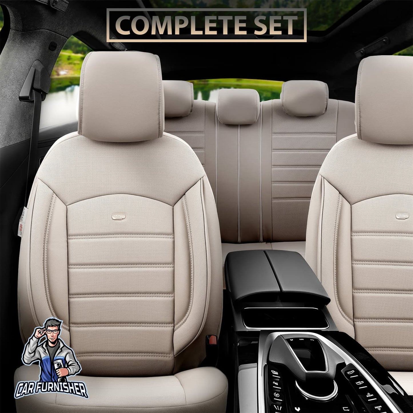 Car Seat Cover Set - Inspire Design Beige 5 Seats + Headrests (Full Set) Full Leather