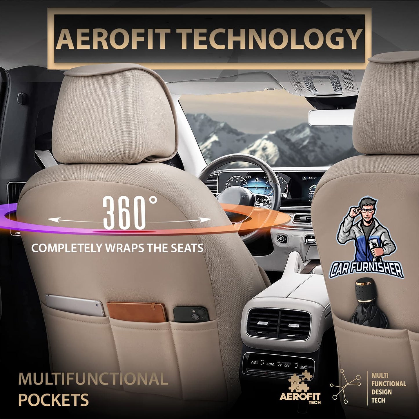 Car Seat Cover Set - Inspire Design Beige 5 Seats + Headrests (Full Set) Full Leather