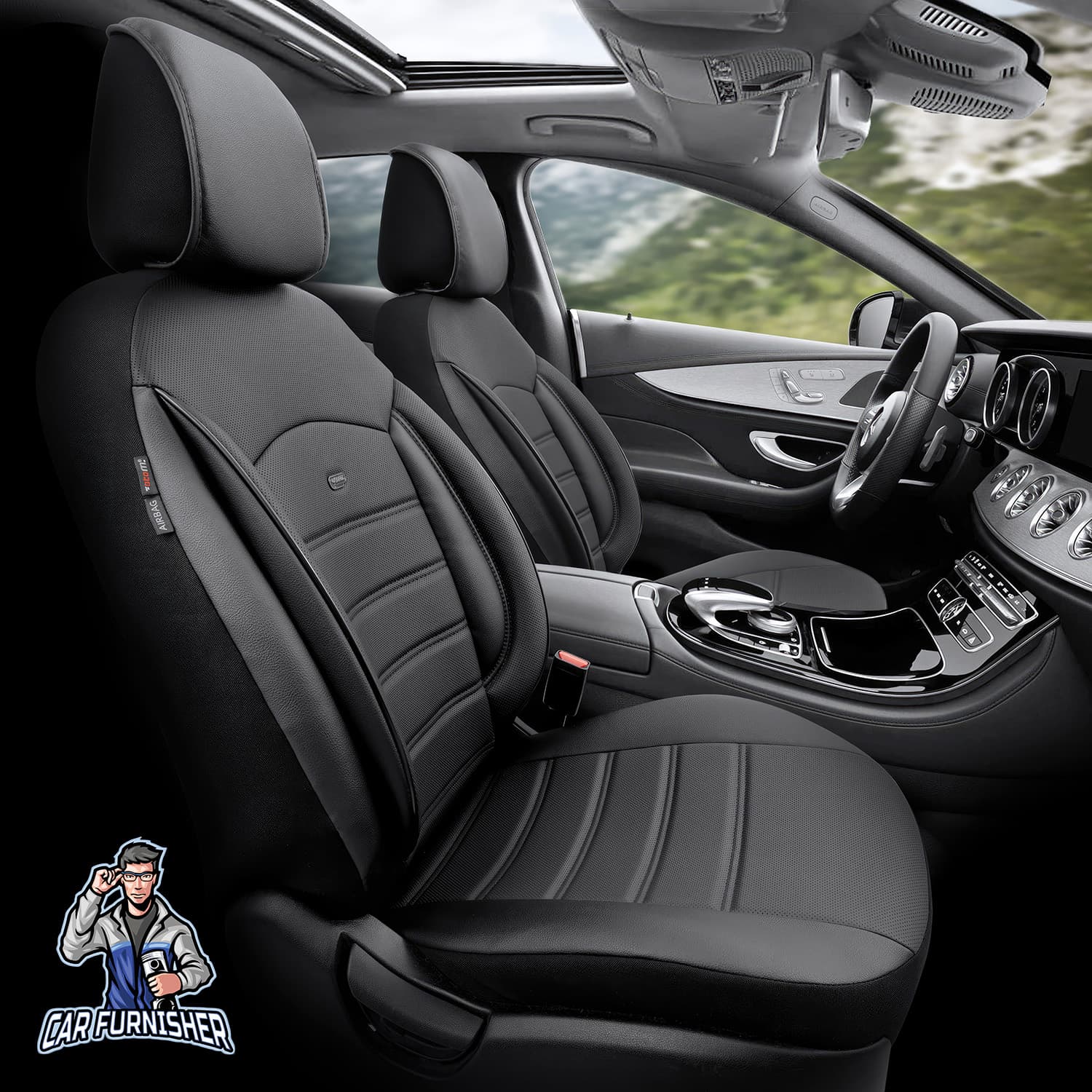 Car Seat Cover Set - Inspire Design Black 5 Seats + Headrests (Full Set) Full Leather