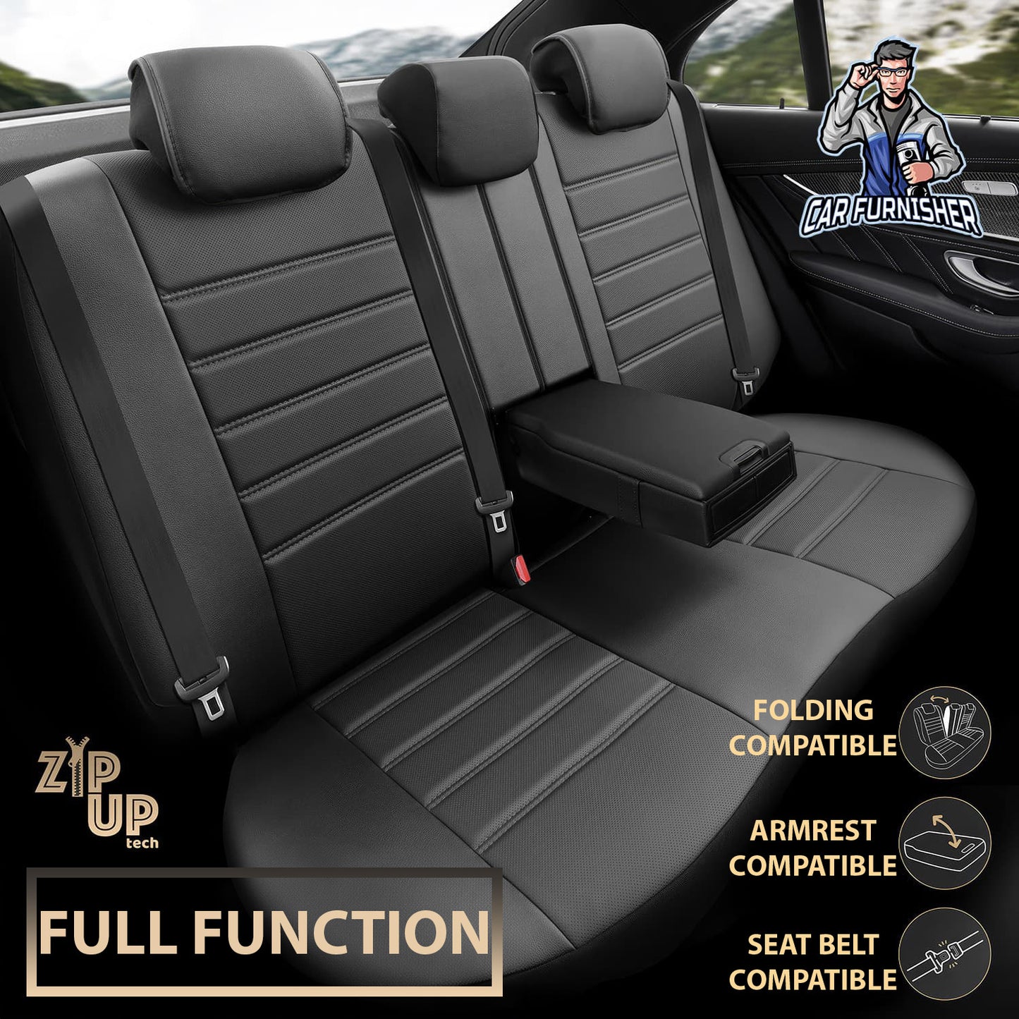 Car Seat Cover Set - Inspire Design Black 5 Seats + Headrests (Full Set) Full Leather