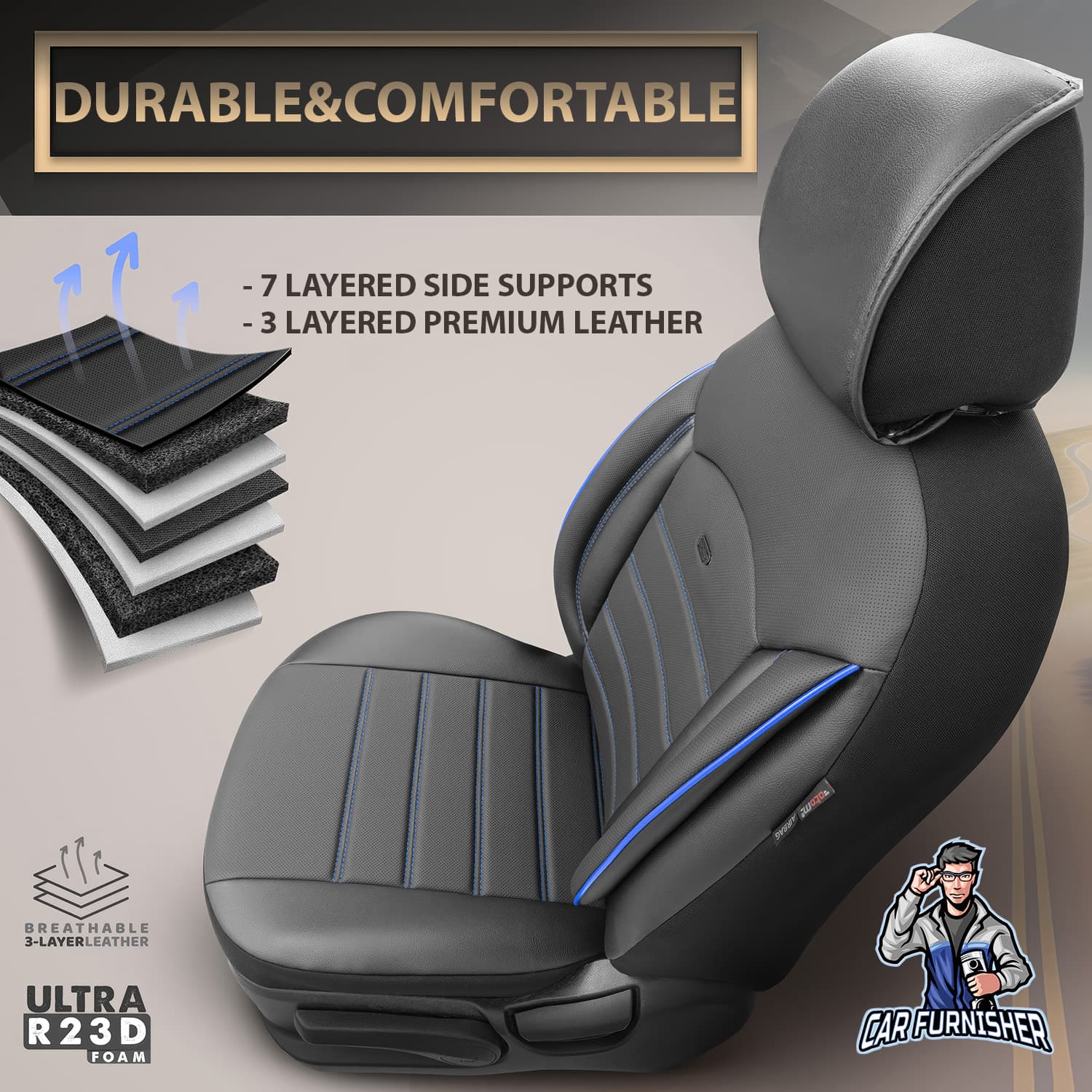 Mercedes 190 Seat Covers Inspire Design Blue 5 Seats + Headrests (Full Set) Full Leather