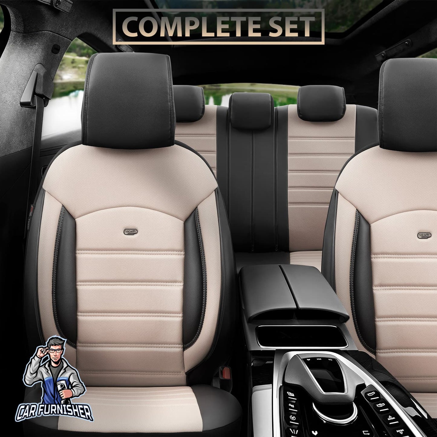 Car Seat Cover Set - Inspire Design Dark Beige 5 Seats + Headrests (Full Set) Full Leather