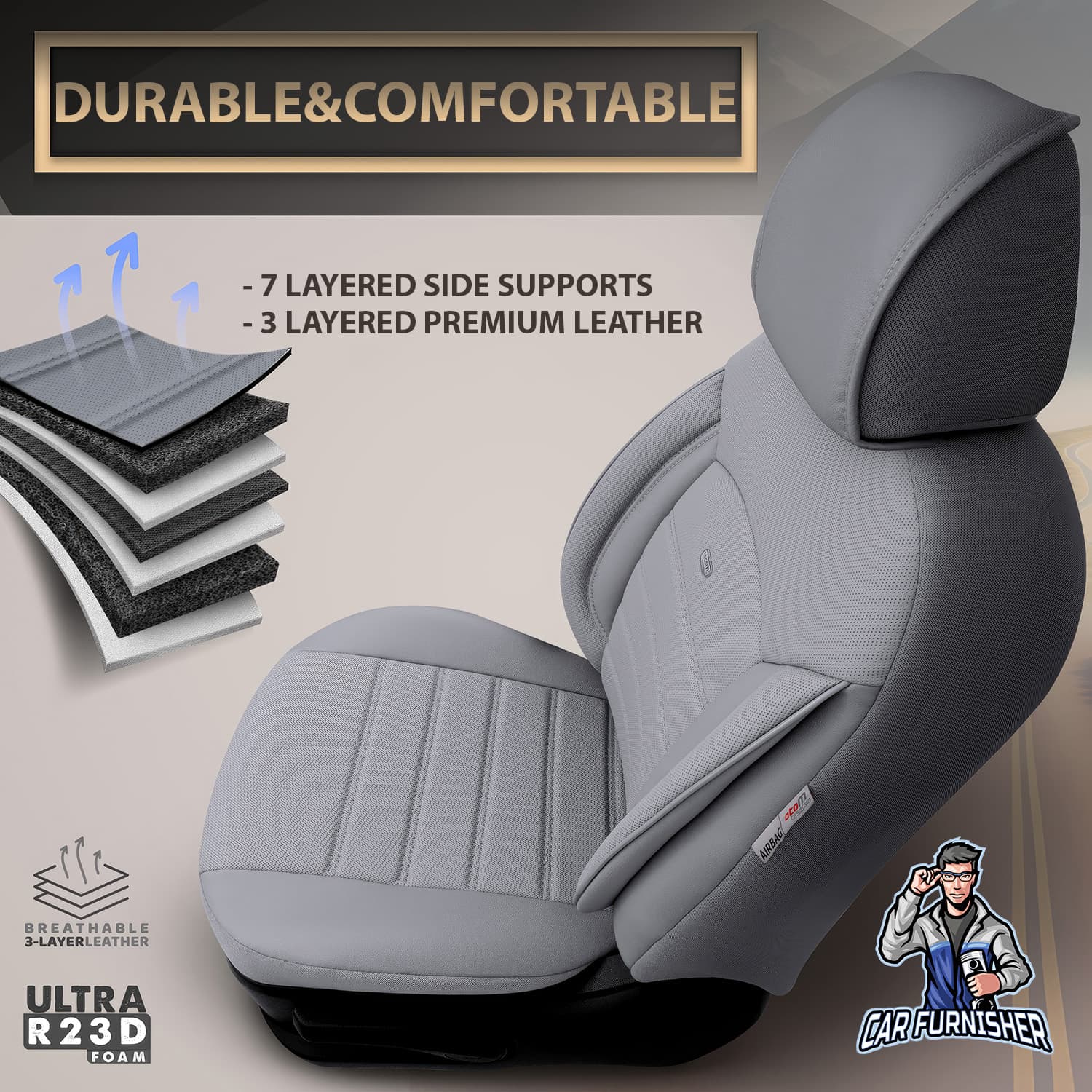 Car Seat Cover Set - Inspire Design Gray 5 Seats + Headrests (Full Set) Full Leather