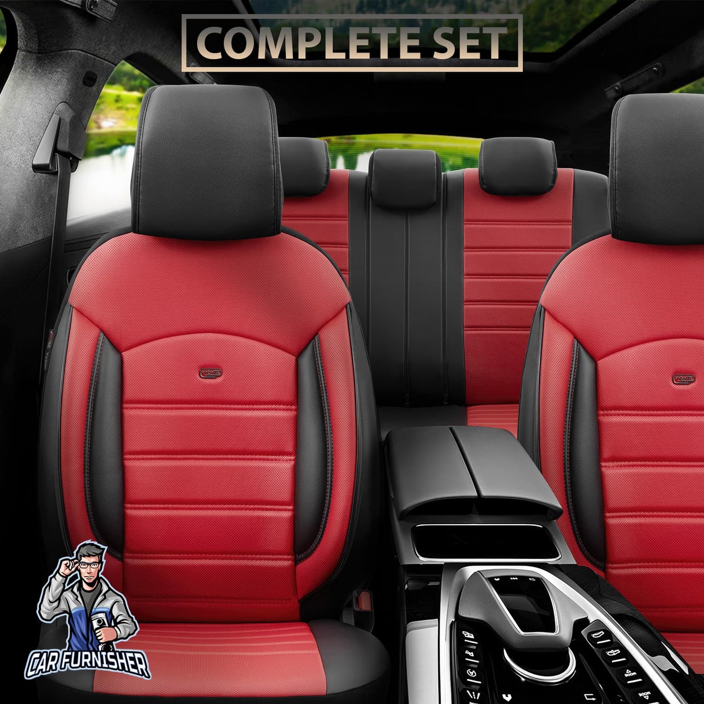 Car Seat Cover Set - Inspire Design Red 5 Seats + Headrests (Full Set) Full Leather