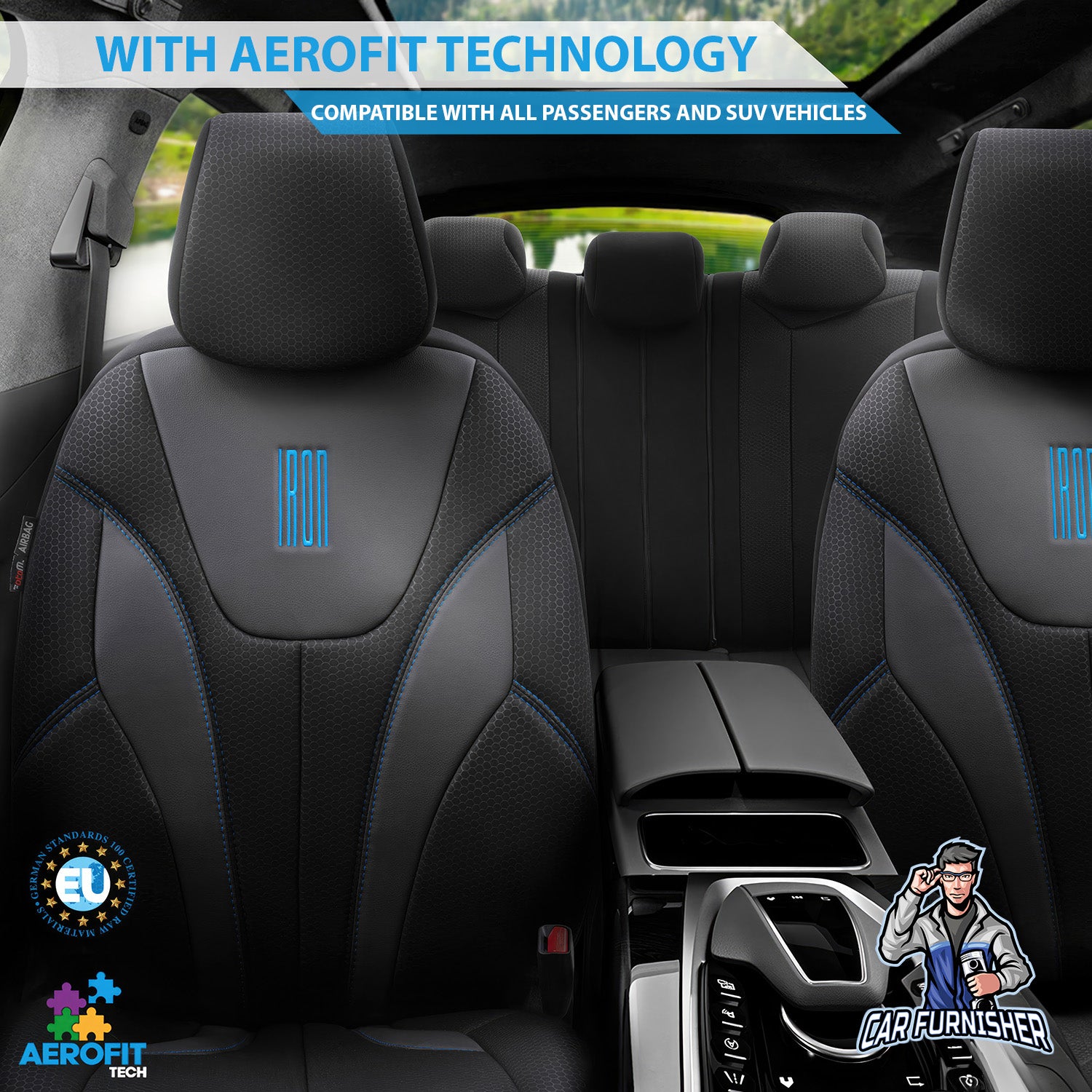 Car Seat Cover Set - Iron Design Blue 5 Seats + Headrests (Full Set) Leather & Cotton Fabric