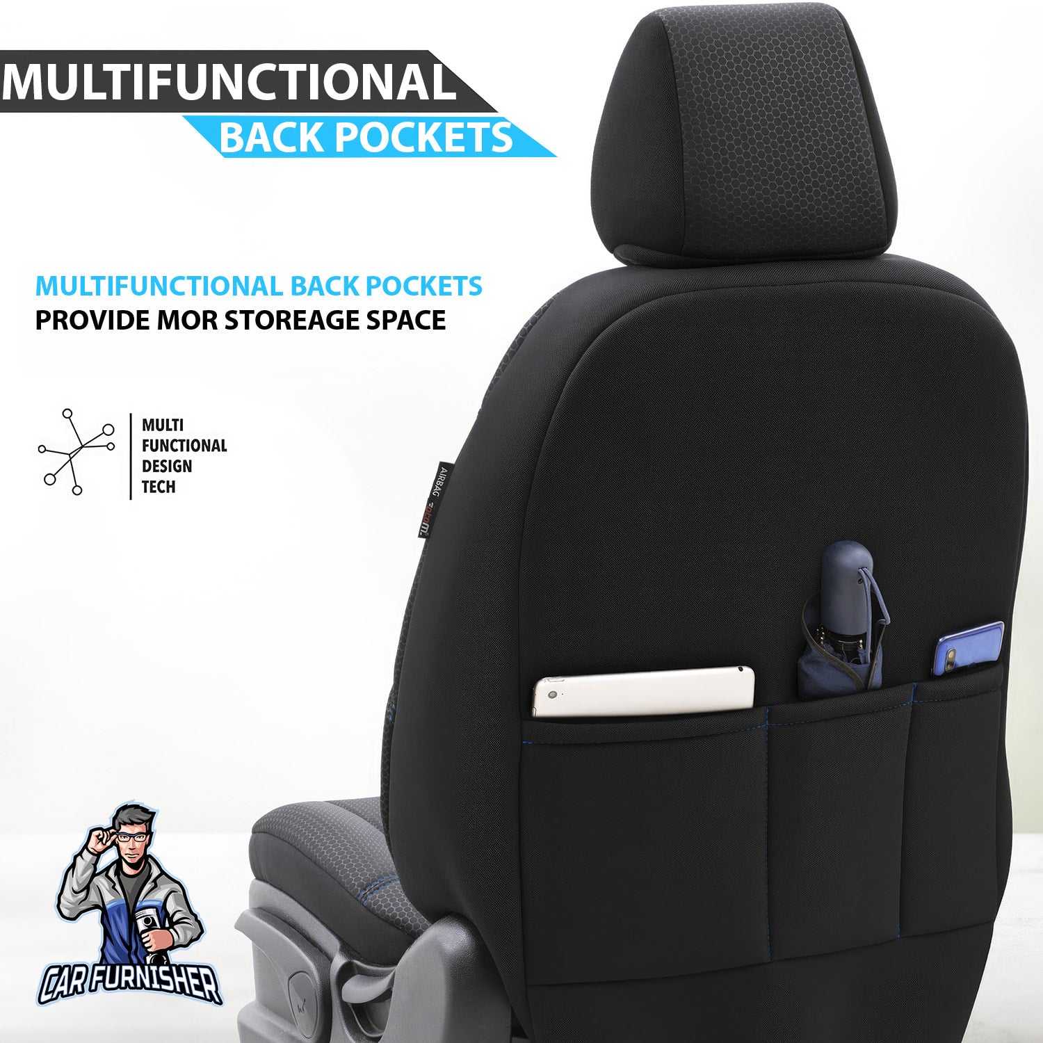 Car Seat Cover Set - Iron Design Blue 5 Seats + Headrests (Full Set) Leather & Cotton Fabric