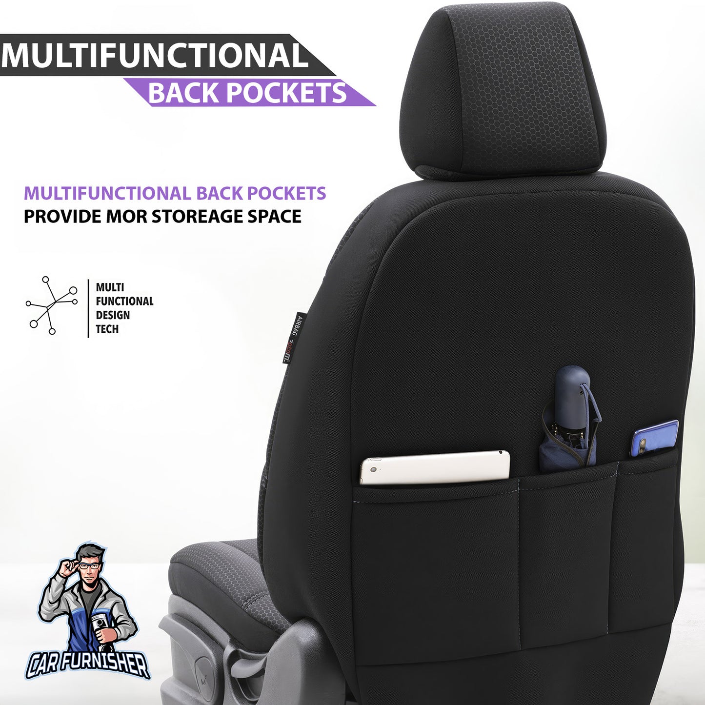 Car Seat Cover Set - Iron Design Gray 5 Seats + Headrests (Full Set) Leather & Cotton Fabric