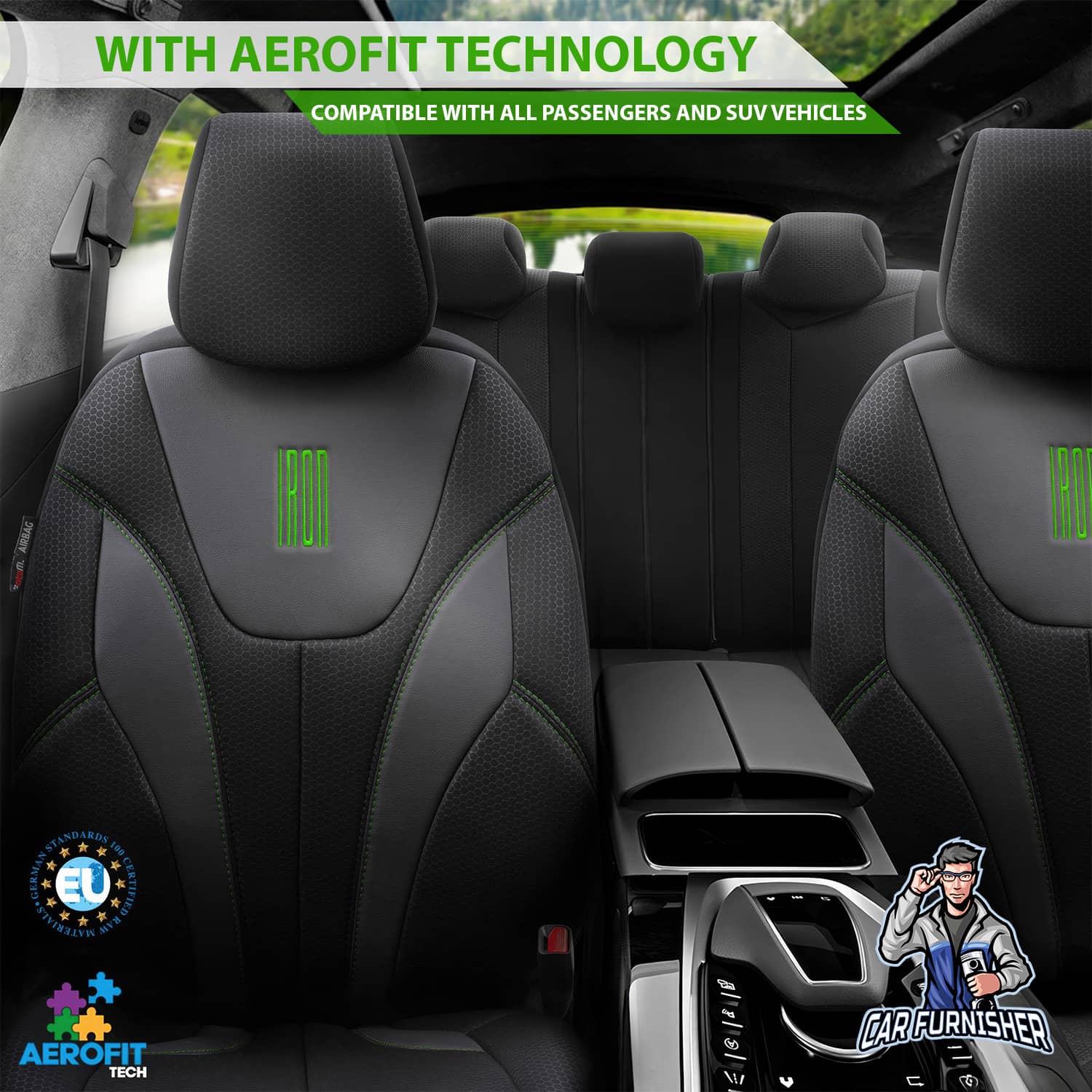 Car Seat Cover Set - Iron Design Green 5 Seats + Headrests (Full Set) Leather & Cotton Fabric