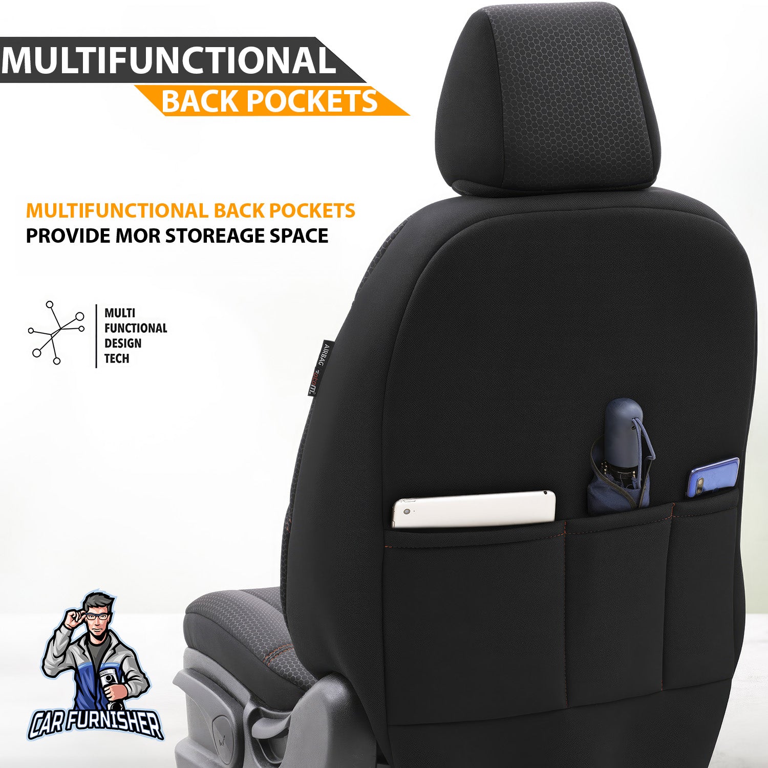 Car Seat Cover Set - Iron Design Orange 5 Seats + Headrests (Full Set) Leather & Cotton Fabric