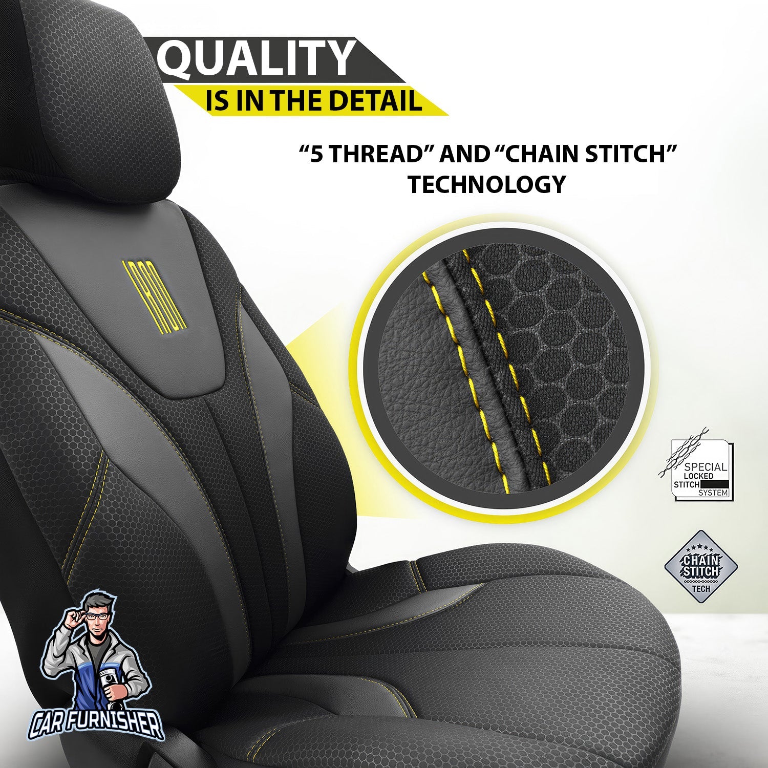 Mercedes 190 Seat Covers Iron Design Yellow 5 Seats + Headrests (Full Set) Leather & Cotton Fabric