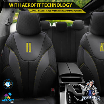 Car Seat Cover Set - Iron Design Yellow 5 Seats + Headrests (Full Set) Leather & Cotton Fabric