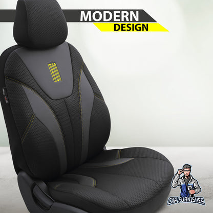 Car Seat Cover Set - Iron Design Yellow 5 Seats + Headrests (Full Set) Leather & Cotton Fabric