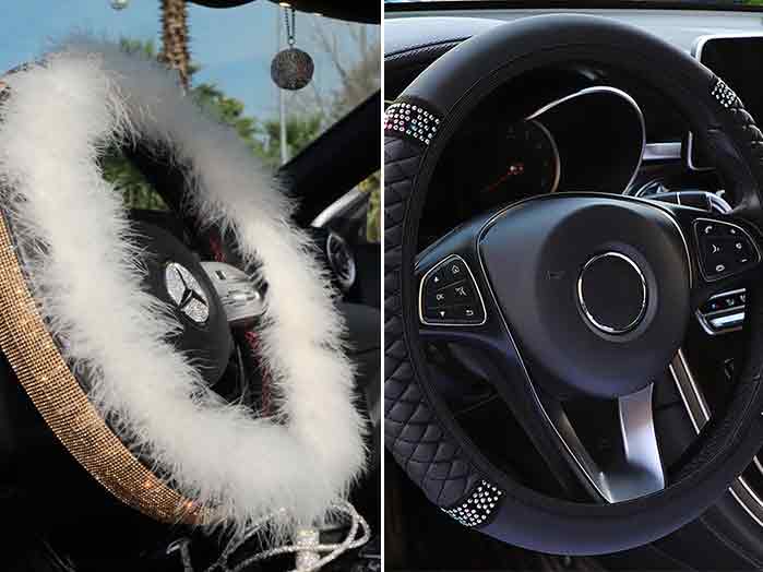 Vehicle interior spotlighting the richness of its steering wheel covers.