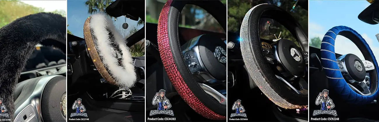 Inside a car with finely crafted luxury steering wheel covers
