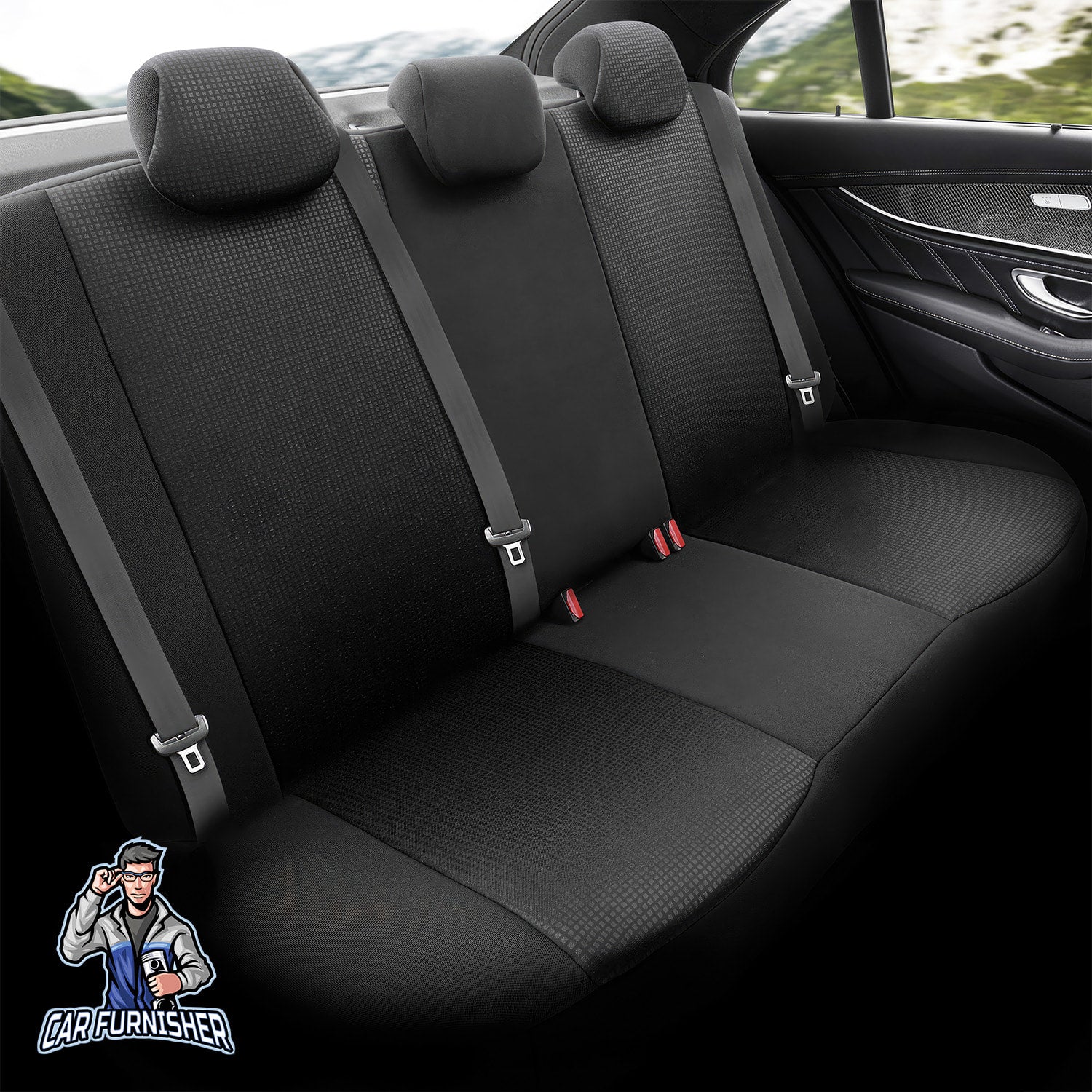 Luxury Car Seat Cover Set | Tempo Design Black 5 Seats + Headrests (Full Set) Cotton Fabric