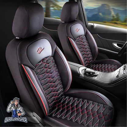 Car Seat Cover Set - Madrid Design Red 5 Seats + Headrests (Full Set) Leather & Mesh Fabric