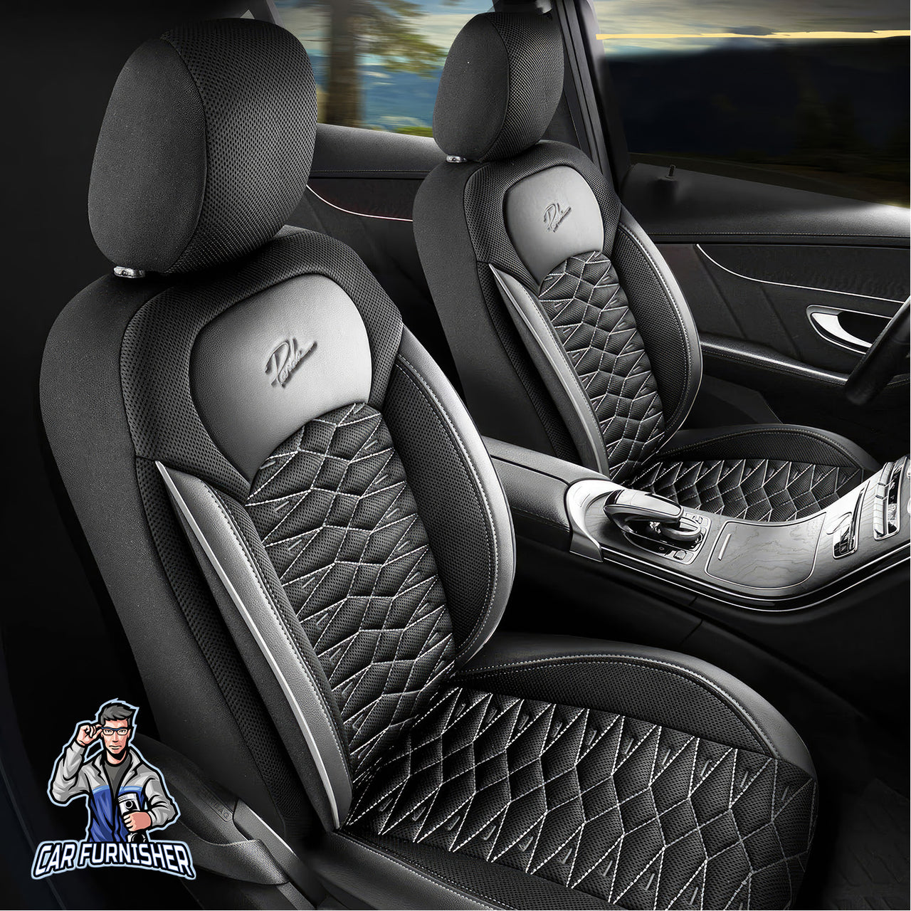 Car Seat Cover Set - Madrid Design Gray 5 Seats + Headrests (Full Set) Leather & Mesh Fabric