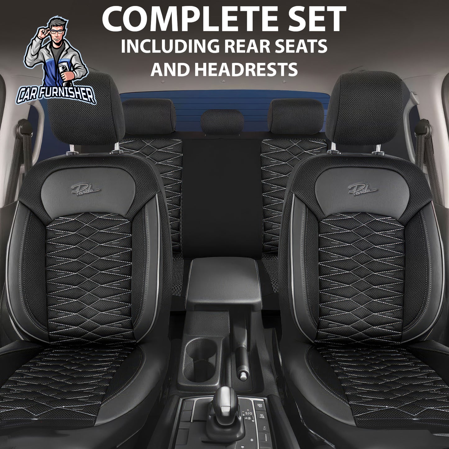 Car Seat Cover Set - Madrid Design Gray 5 Seats + Headrests (Full Set) Leather & Mesh Fabric