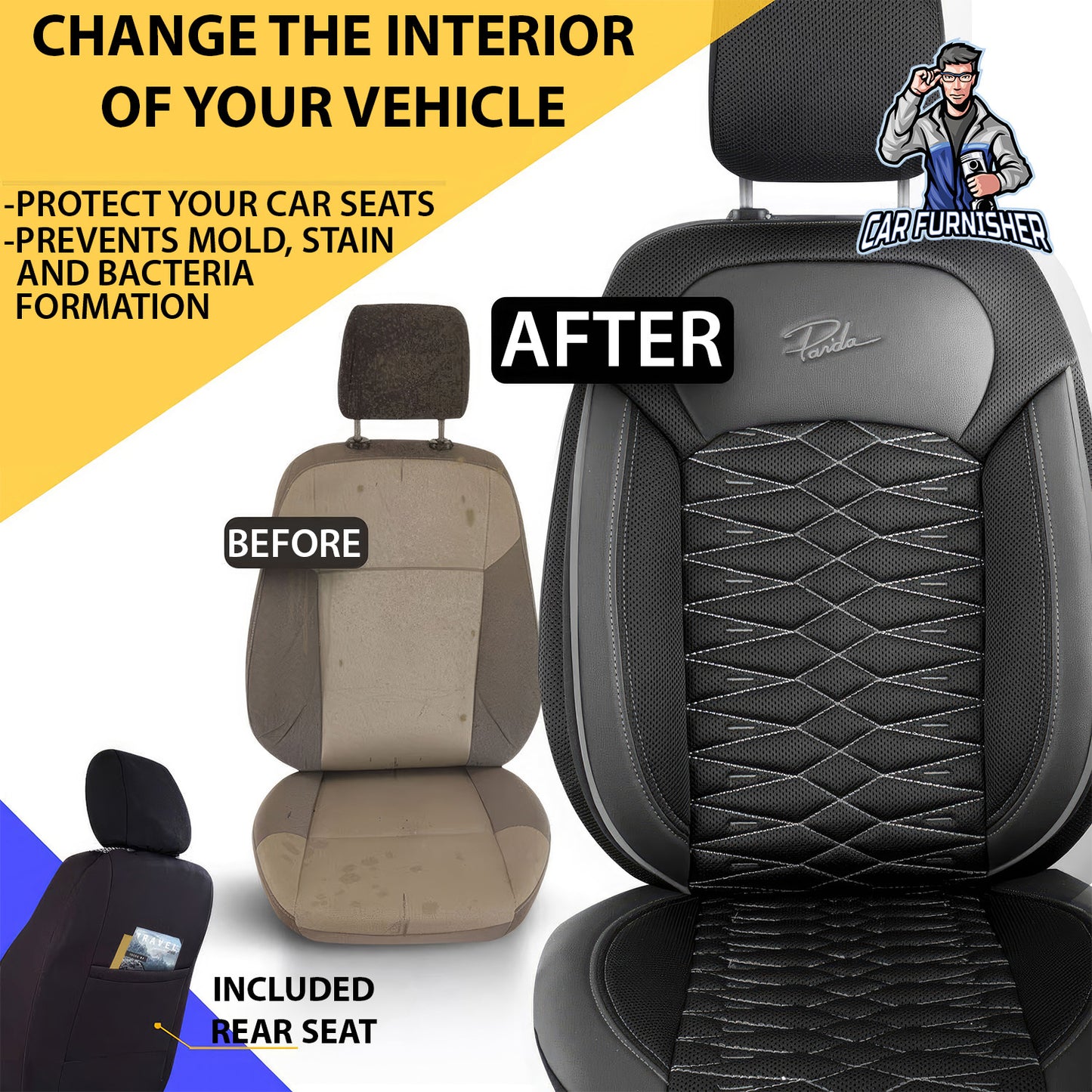 Car Seat Cover Set - Madrid Design Gray 5 Seats + Headrests (Full Set) Leather & Mesh Fabric
