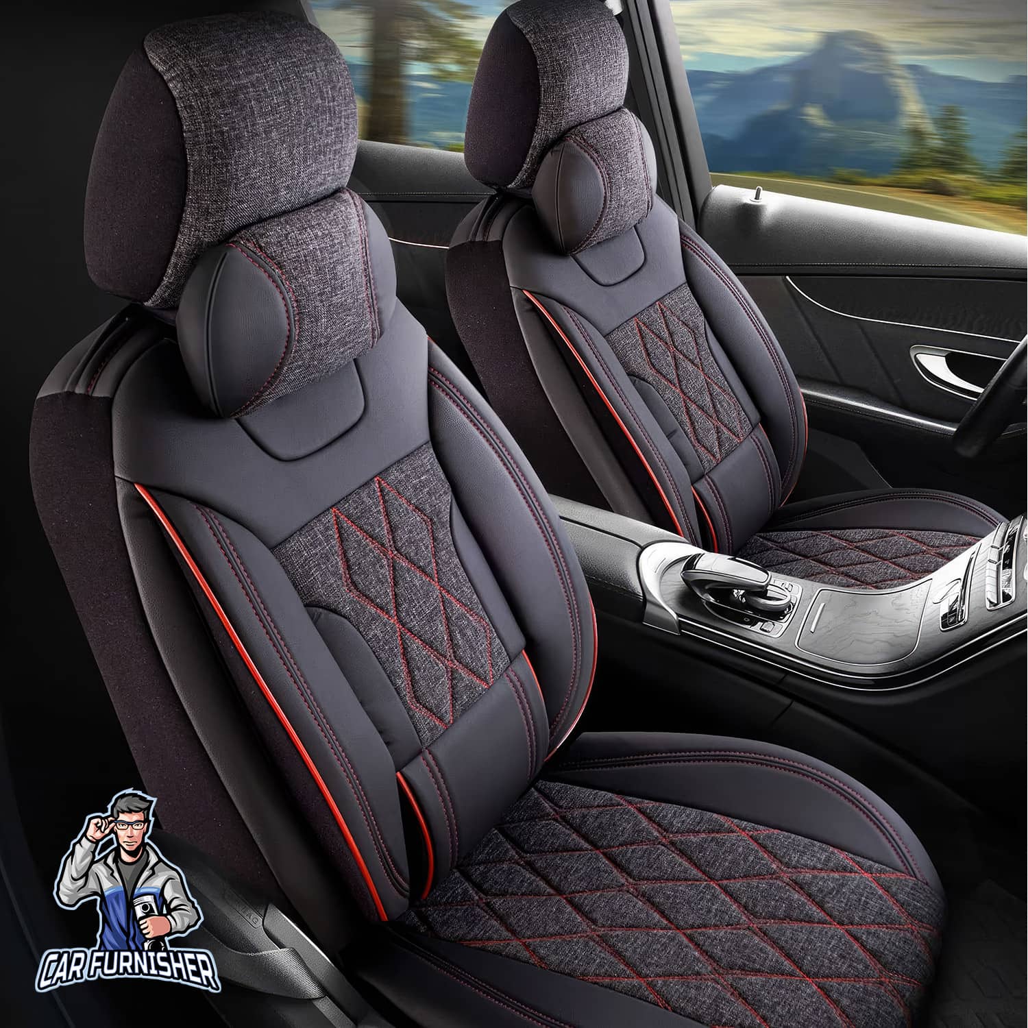Mercedes 190 Seat Covers Marmaris Design Dark Red 5 Seats + Headrests (Full Set) Leather & Linen Fabric