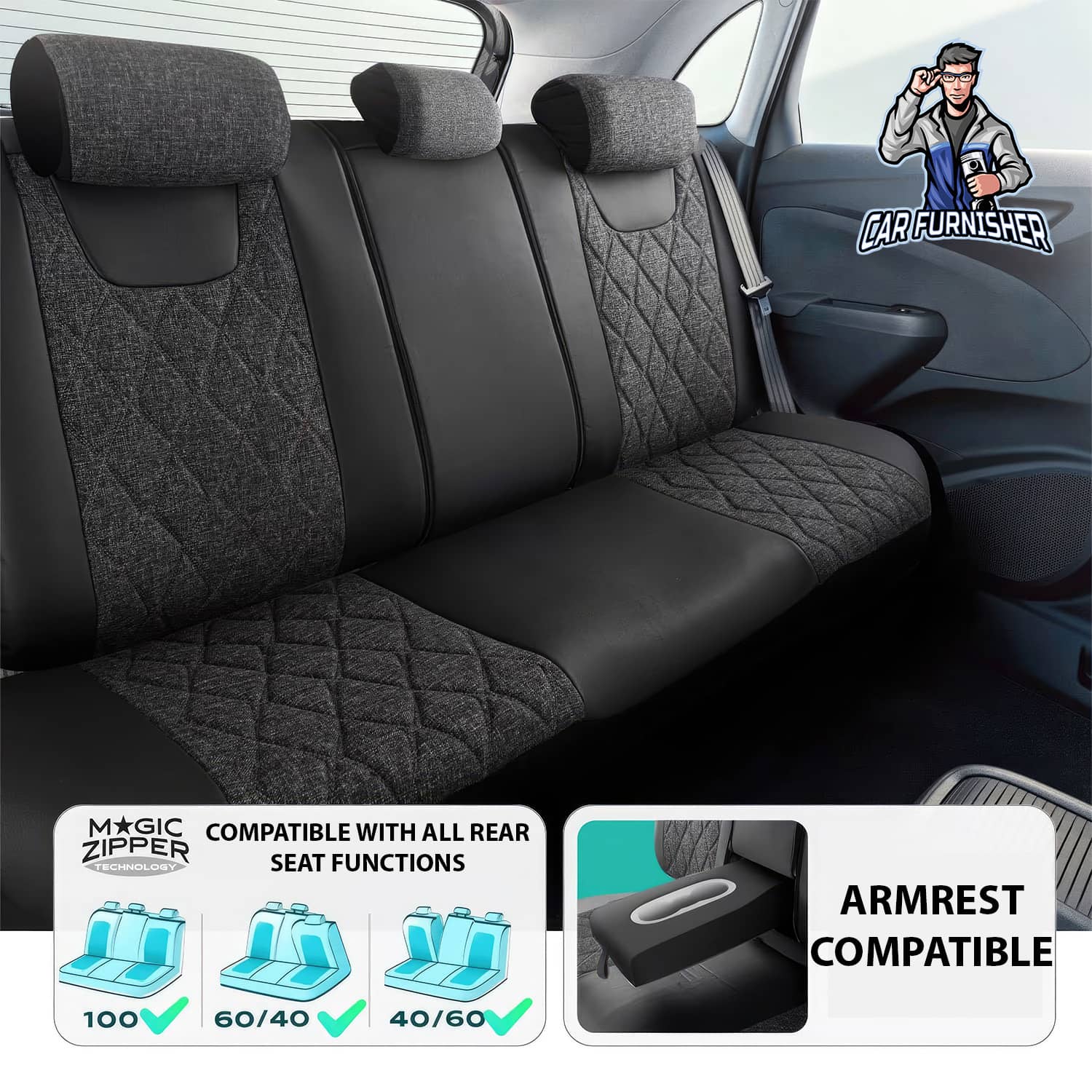 Mercedes 190 Seat Covers Marmaris Design Gray 5 Seats + Headrests (Full Set) Leather & Linen Fabric