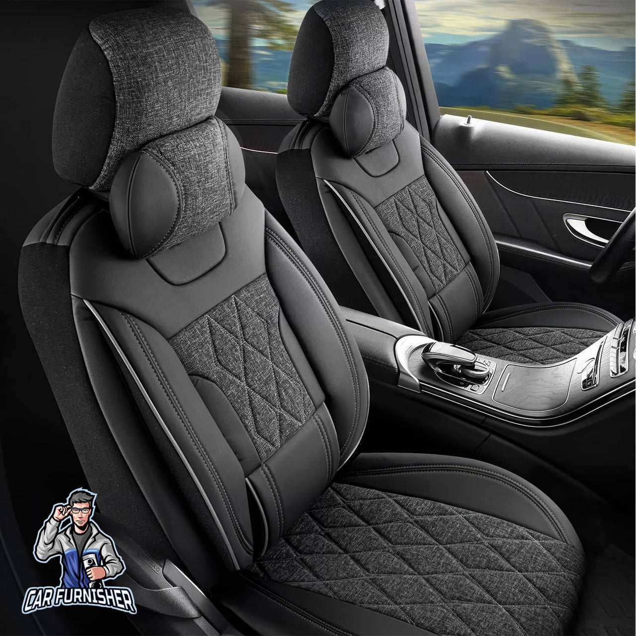 Mitsubishi Outlander Seat Covers Marmaris Design Gray 5 Seats + Headrests (Full Set) Leather & Linen Fabric