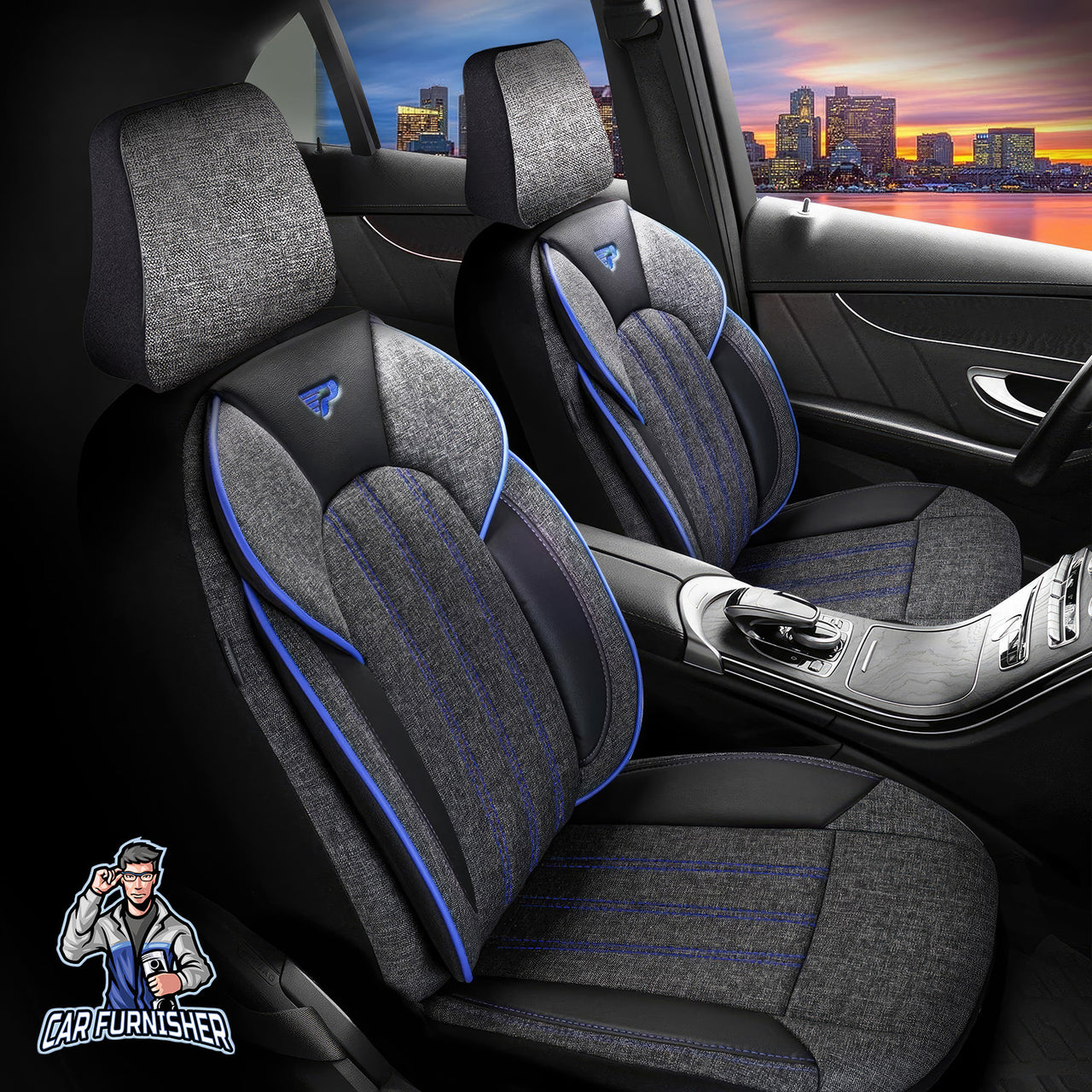 Car Seat Cover Set - Marseille Design Dark Blue 5 Seats + Headrests (Full Set) Leather & Linen Fabric