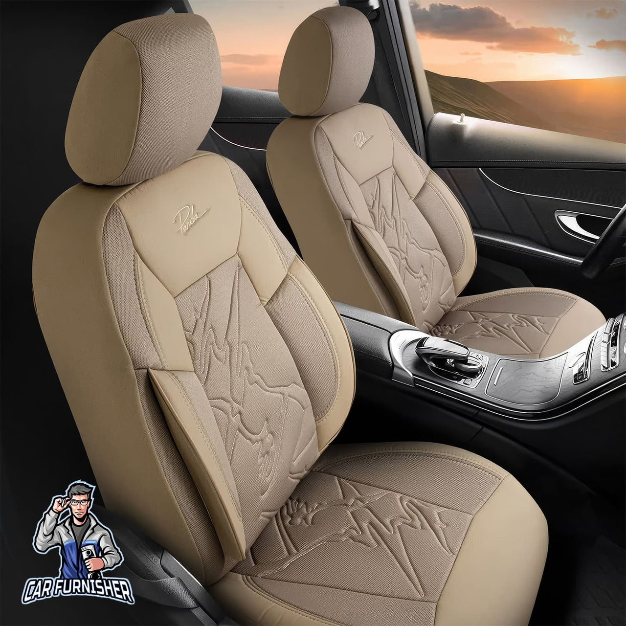 Audi Q8 Seat Covers Nepal Design Beige 5 Seats + Headrests (Full Set) Leather & Jacquard Fabric