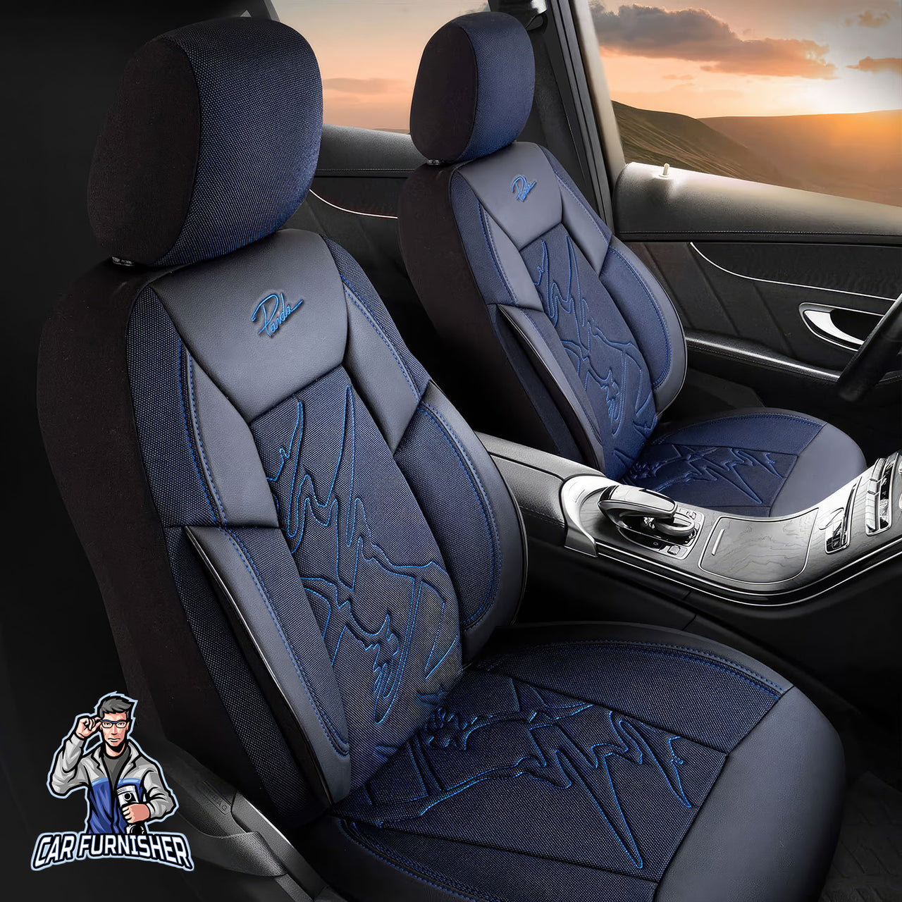 Car Seat Cover Set - Nepal Design Blue 5 Seats + Headrests (Full Set) Leather & Jacquard Fabric