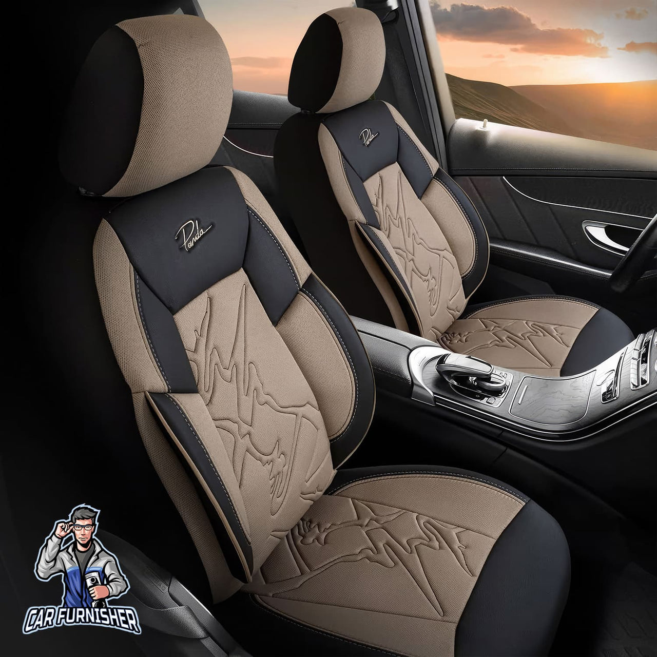 Volkswagen Tiguan Seat Covers Nepal Design Dark Beige 5 Seats + Headrests (Full Set) Leather & Jacquard Fabric