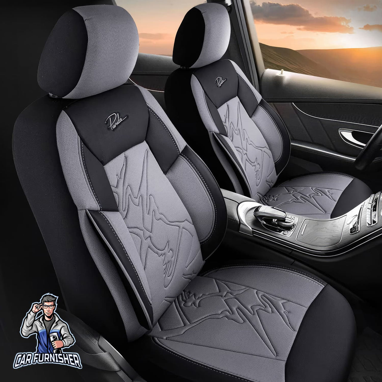 Mercedes 190 Seat Covers Nepal Design Gray 5 Seats + Headrests (Full Set) Leather & Jacquard Fabric