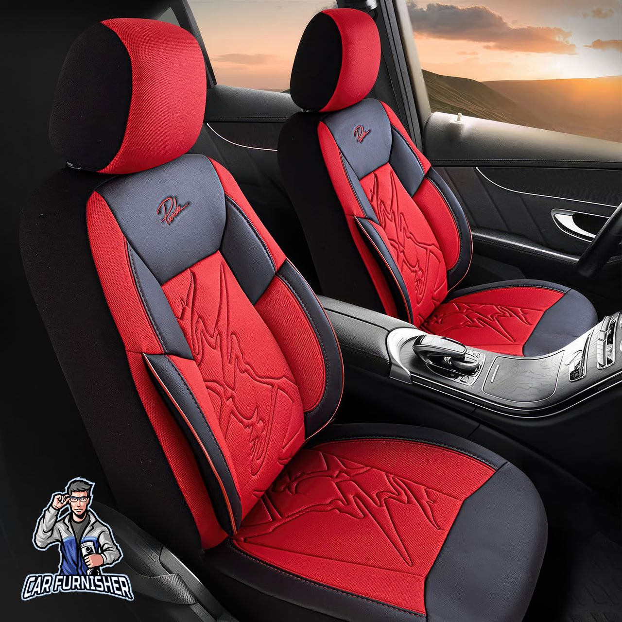 Car Seat Cover Set - Nepal Design Red 5 Seats + Headrests (Full Set) Leather & Jacquard Fabric