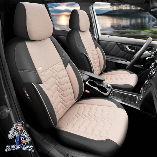 Car Seat Cover Set - Elegance Design Beige 5 Seats + Headrests (Full Set) Leather & Jacquard Fabric