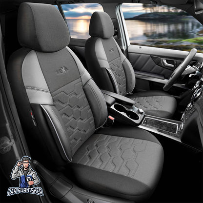 Car Seat Cover Set - Hexa Design Black 5 Seats + Headrests (Full Set) Leather & Jacquard Fabric