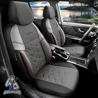 Car Seat Cover Set - Hexa Design Dark Red 5 Seats + Headrests (Full Set) Leather & Jacquard Fabric
