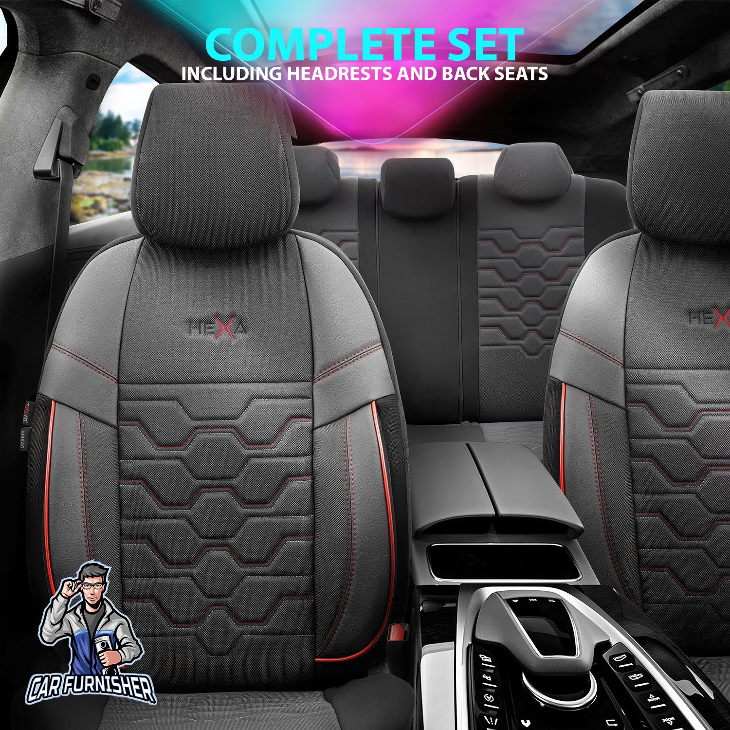 Mercedes 190 Seat Covers Hexa Design Dark Red 5 Seats + Headrests (Full Set) Leather & Jacquard Fabric