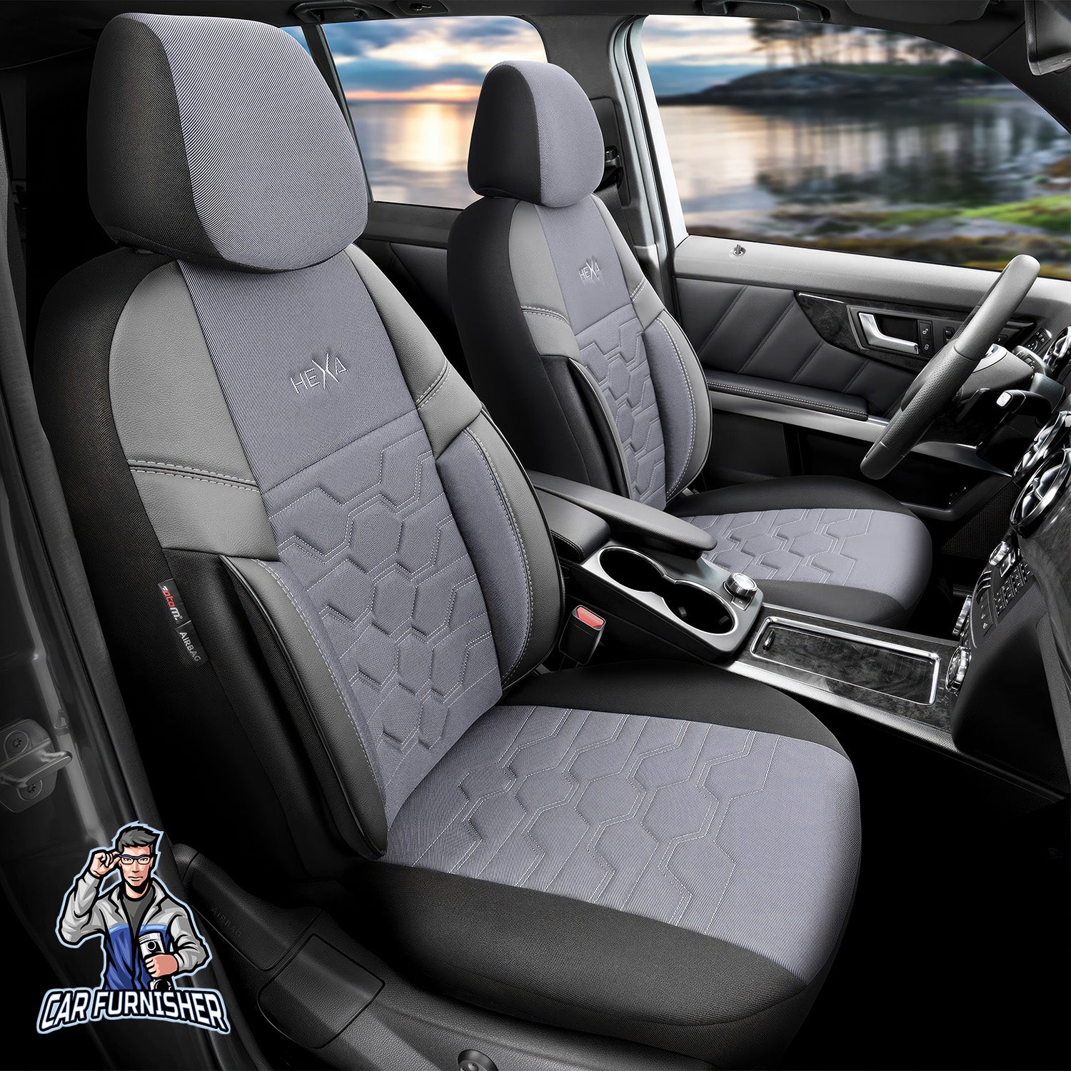 Car Seat Cover Set - Hexa Design Gray 5 Seats + Headrests (Full Set) Leather & Jacquard Fabric