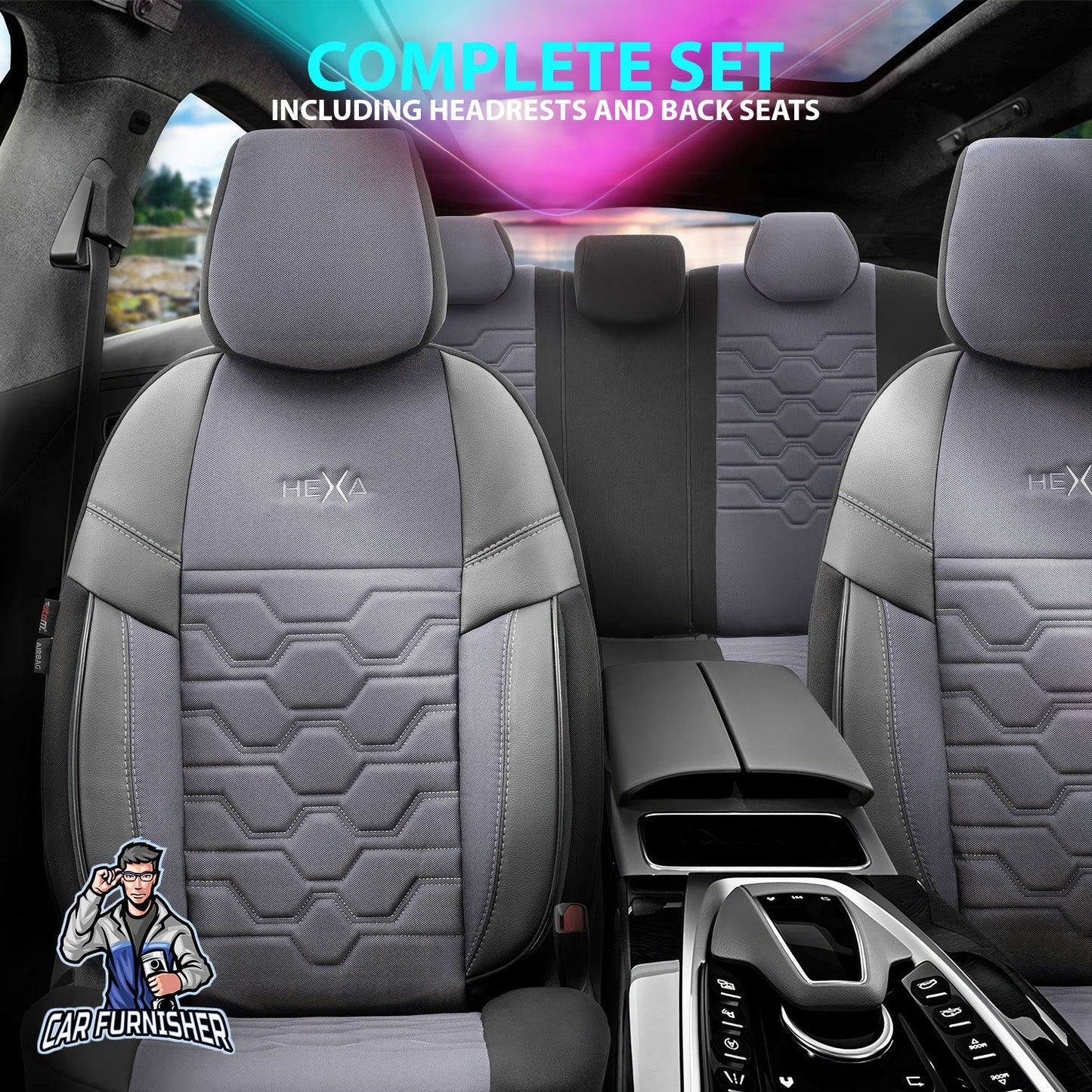 Mercedes 190 Seat Covers Hexa Design Gray 5 Seats + Headrests (Full Set) Leather & Jacquard Fabric