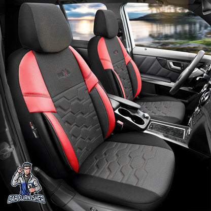 Car Seat Cover Set - Hexa Design Red 5 Seats + Headrests (Full Set) Leather & Jacquard Fabric