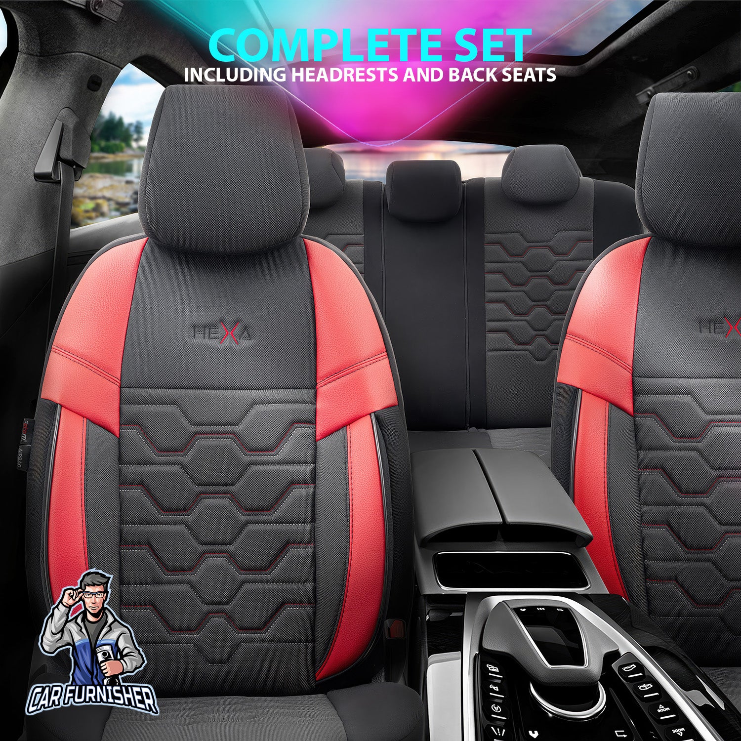 Car Seat Cover Set - Hexa Design Red 5 Seats + Headrests (Full Set) Leather & Jacquard Fabric