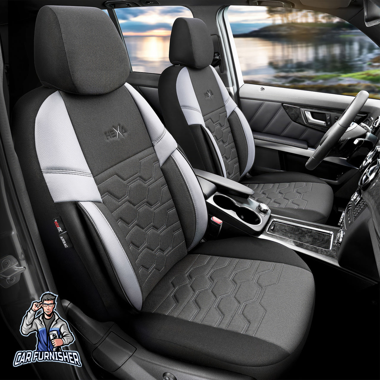 Car Seat Cover Set - Hexa Design Smoked 5 Seats + Headrests (Full Set) Leather & Jacquard Fabric