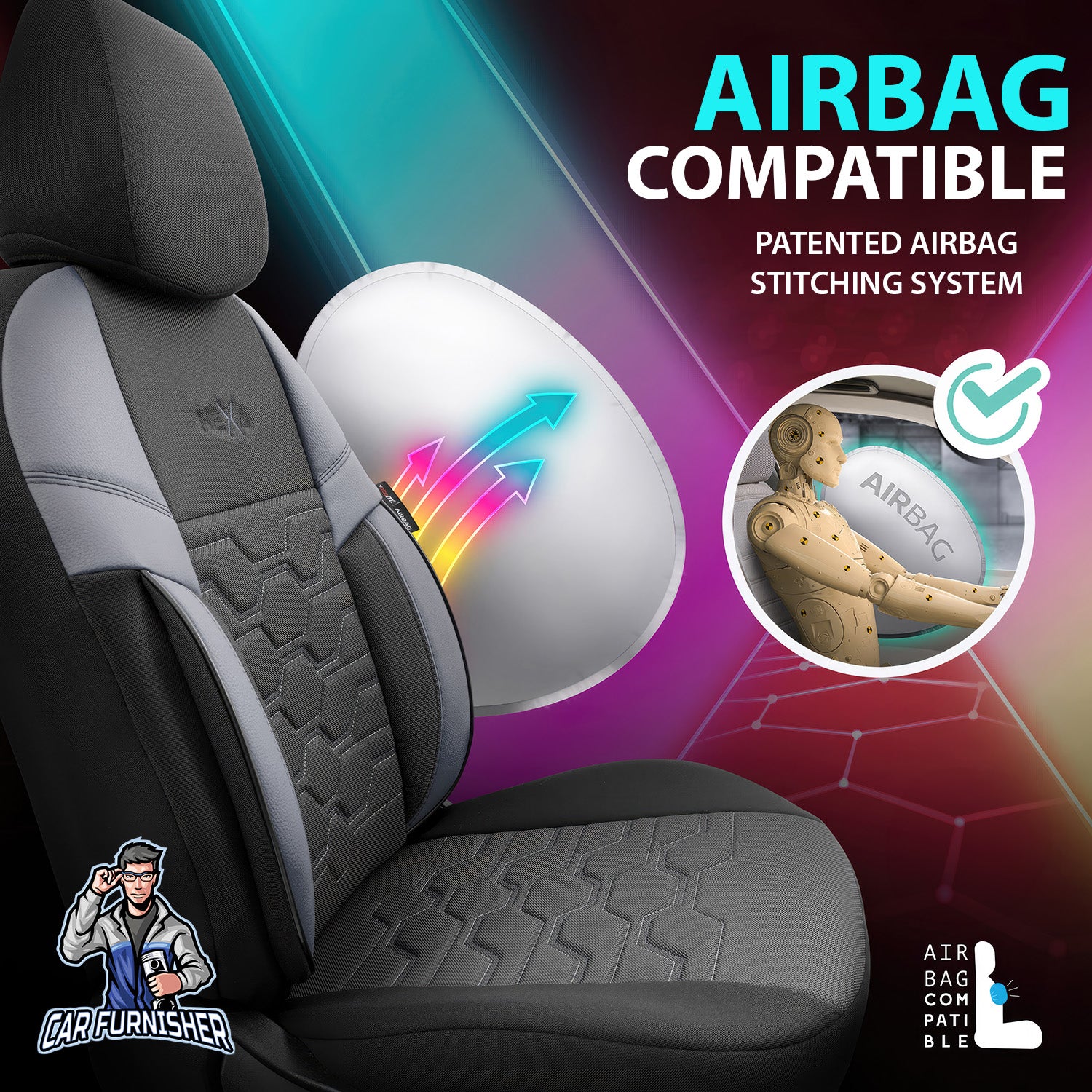 Car Seat Cover Set - Hexa Design Smoked 5 Seats + Headrests (Full Set) Leather & Jacquard Fabric